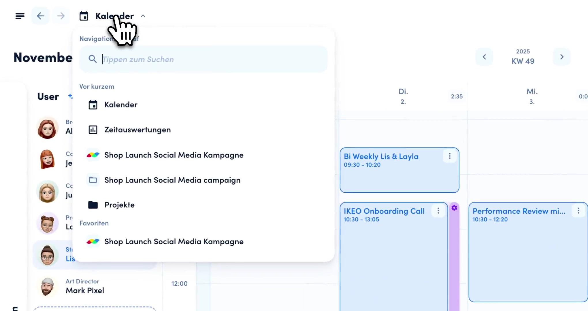 awork-Kalender mit Zeiteinträgen des Teams in der Wochenansicht