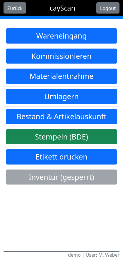 cayScan Hauptmenü mit farbcodierten Lagerprozessen auf dem Handscanner