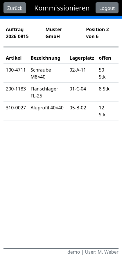 cayScan Kommissionierung: Pick-Liste zu einem Auftrag mit Artikeln, Lagerplätzen und offenen Mengen, Position 2 von 6