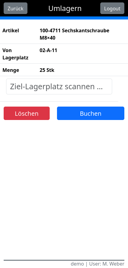 cayScan Umlagerung: Artikel, Ausgangslagerplatz und Menge sind erfasst, der Ziel-Lagerplatz wird gescannt