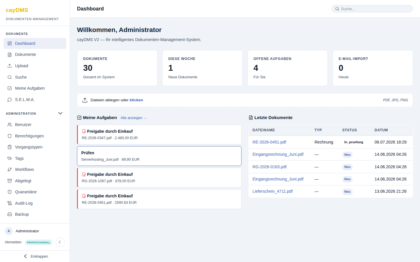 cayDMS Dashboard mit Dokumentzahlen, offenen Aufgaben, Upload-Zone und letzten Dokumenten