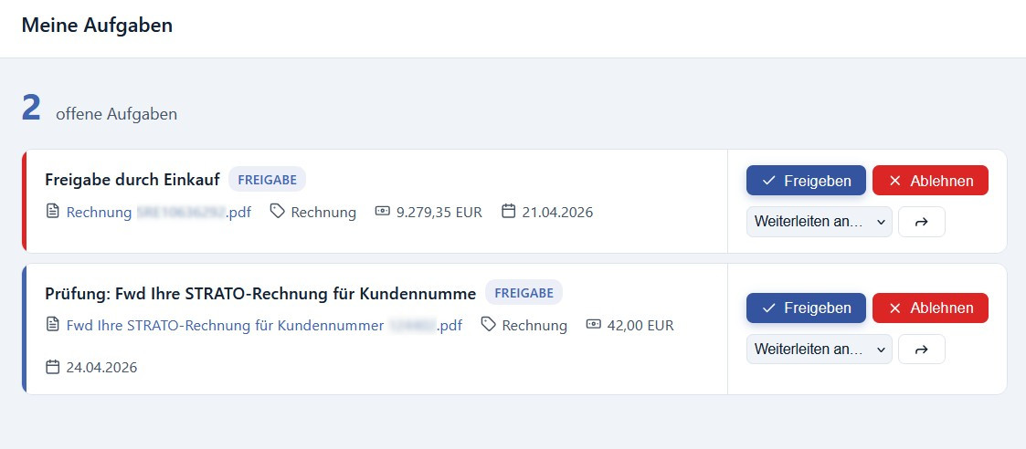 cayDMS Aufgabenansicht mit Freigabe-Buttons