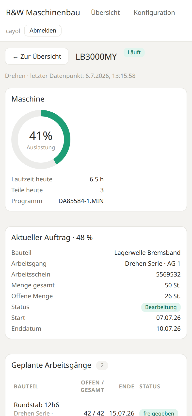Maschinen-Detailseite in der Smartphone-Ansicht