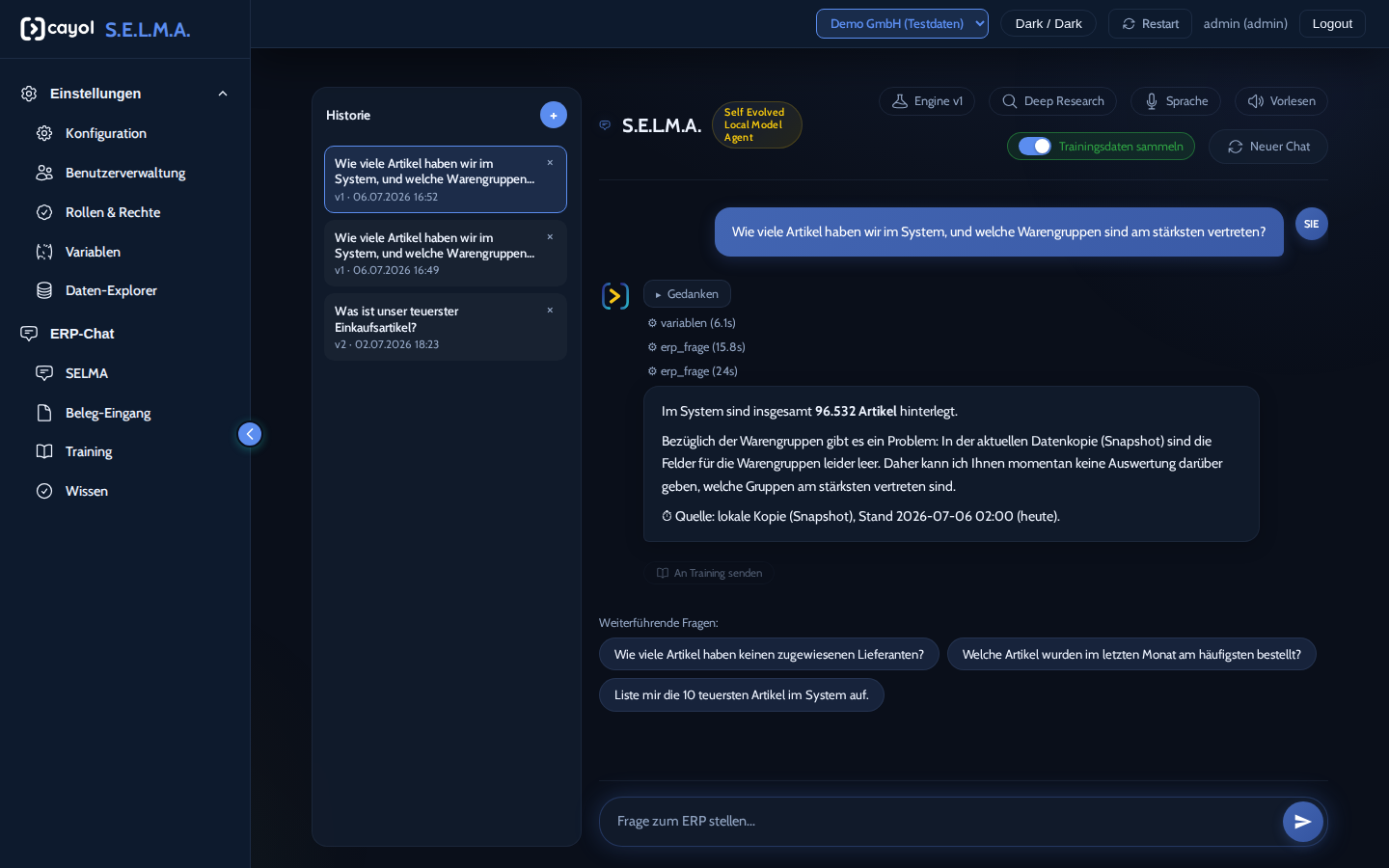 S.E.L.M.A.-ERP-Chat mit einer Frage zum Artikelstamm, sichtbaren Werkzeug-Aufrufen samt Laufzeiten, einklappbarem Gedanken-Block, Quellenangabe mit Datenstand und Vorschlägen für Folgefragen (Demodaten)